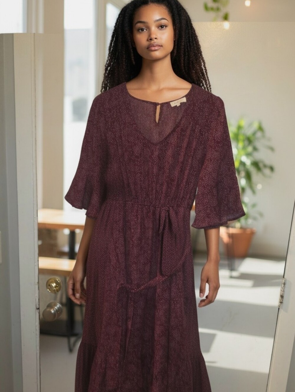 bohme Burgundy Textured Maxi Dress with Tie Waist